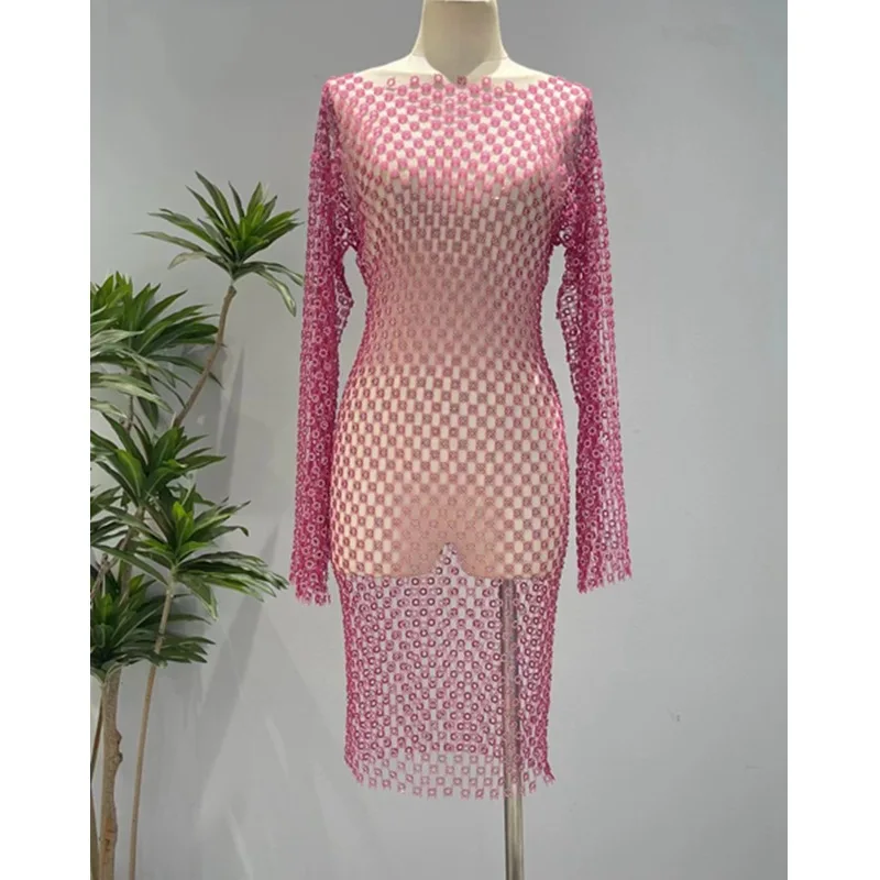 Robe à manches longues en maille transparente pour femmes, Mini, ajourée, décontractée, pour fête, plage, Club, Streetwear