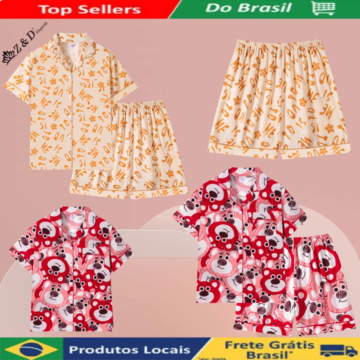 Z&D Lingerie Pijama Feminino com Botão Manga Curta com Gola e Short Sy05