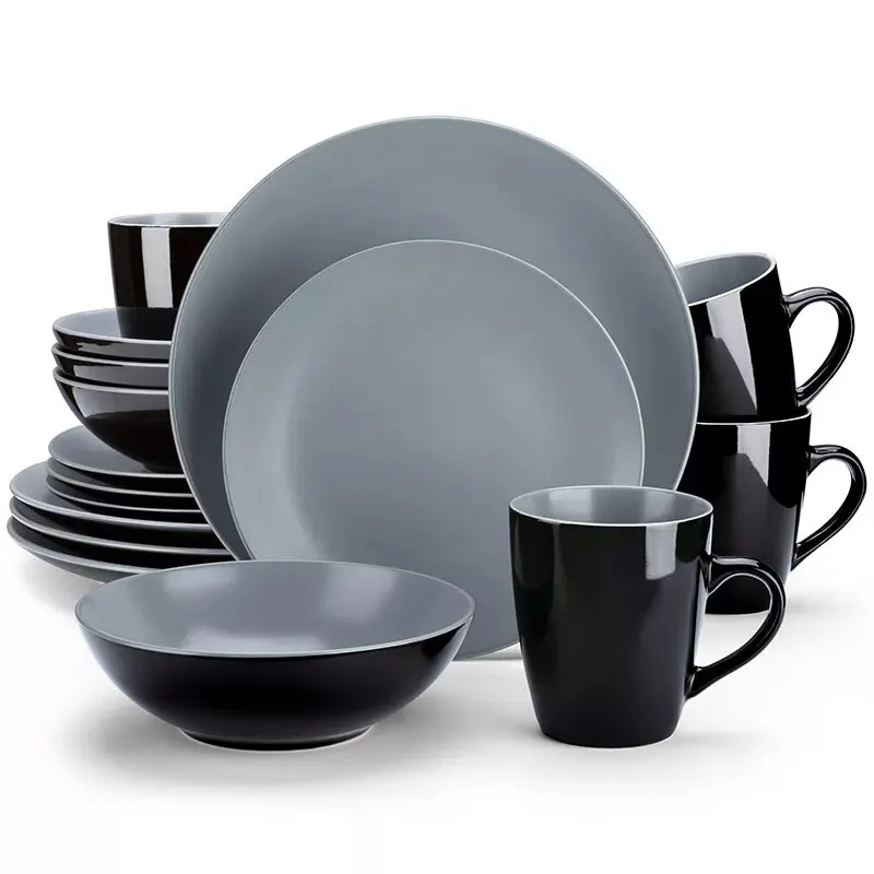 VANCASSO LENTO 16/32/48-Piece Matte Black&Dark Gery Stoneware Crockery Tableware Set with Dinner/Dessert Plate,Bowl,Mug