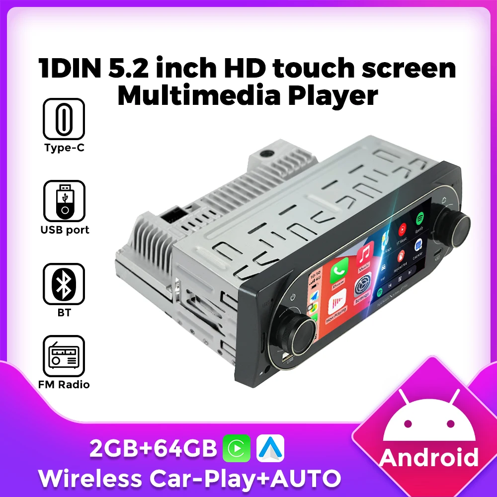 

1DIN MP5 5.2-Inch Android Car Radio 2G+64G Universal Touch Screen Support Wireless Carplay AUTO Multimedia Video Player