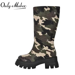 Onlymaker Women Platform Rhinestone Camouflage  Mid Calf Boots Black Chunky High Heels Big Size Lady Short Booties