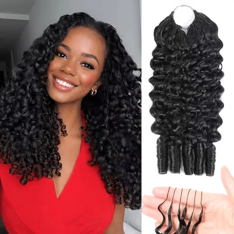 Extension di capelli umani ricci birmani 1B - 60 g, senza nodi, effetto piuma, per crochet, pre-anellate con nodi invisibili, extension a onde naturali e senza giunture, ideali per la manutenzione dei