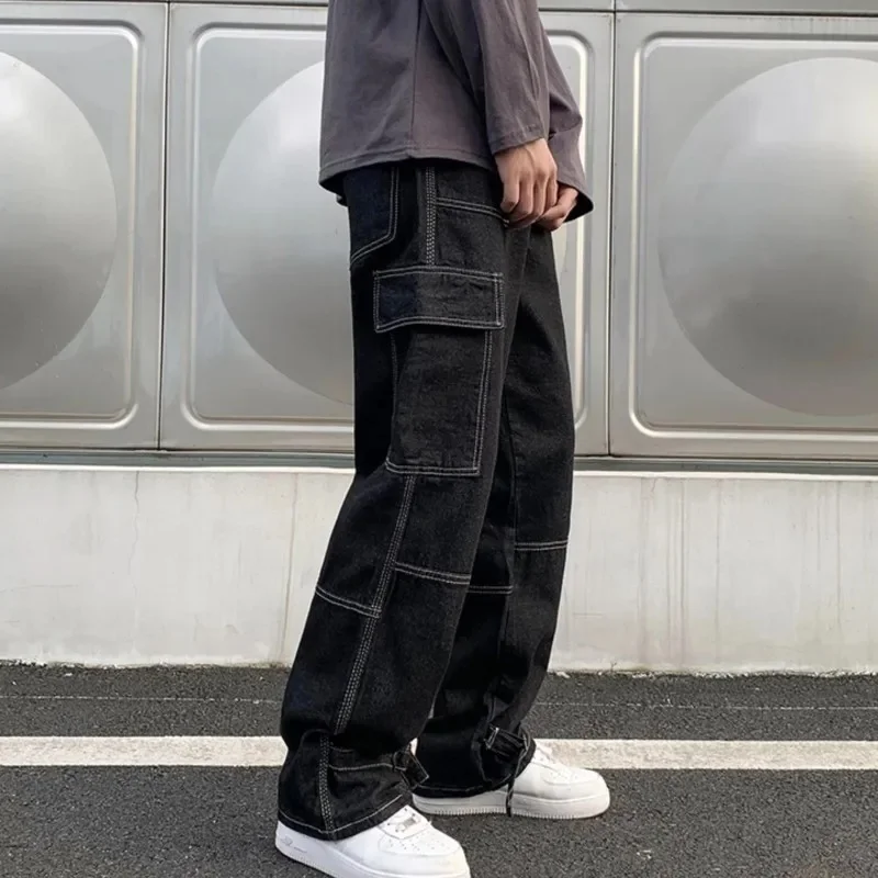 Dżinsy Cargo męskie dżinsy z szeroką nogawką Hip Hop Casual męskie proste workowate spodnie dżinsowe Streetwear spodnie na deskorolkę neutralne spodnie — zdjęcie 2