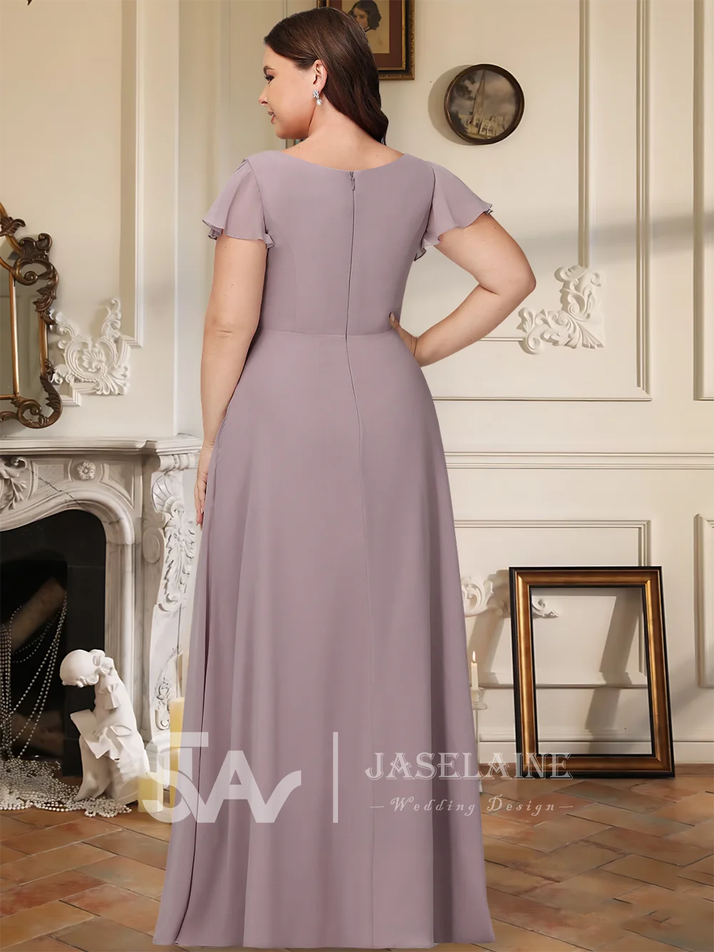 Aラインのロング丈シフォンブライズメイドドレス、カスケードフリル、Vネック、半袖、エレガントなウェディングパーティー、イブニングゲスト用