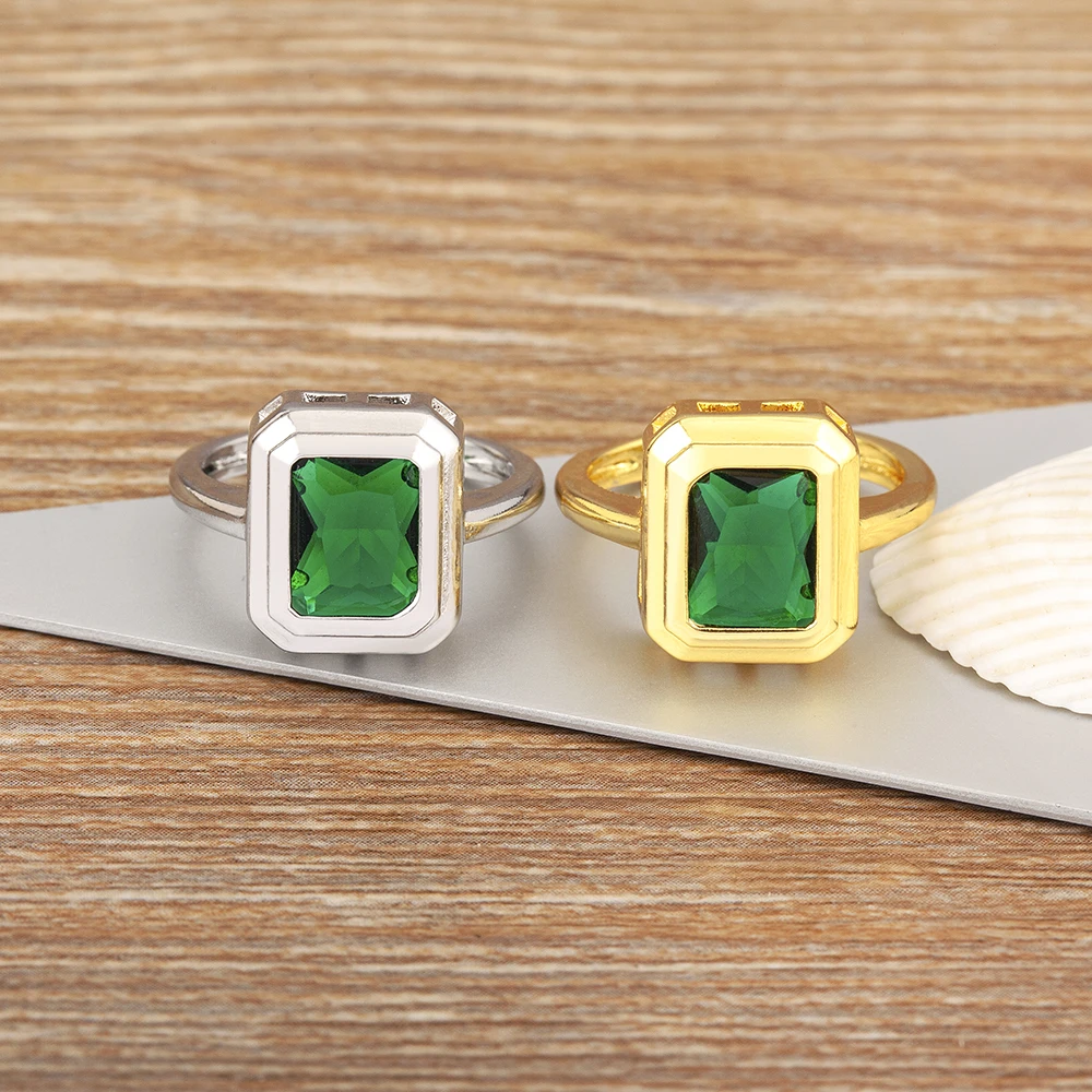 Nidin Luxury Square Green Cubic Zirconia Rings Adjustable Temperament Elegant Wedding Party Accessory Newly Designed Jewelry