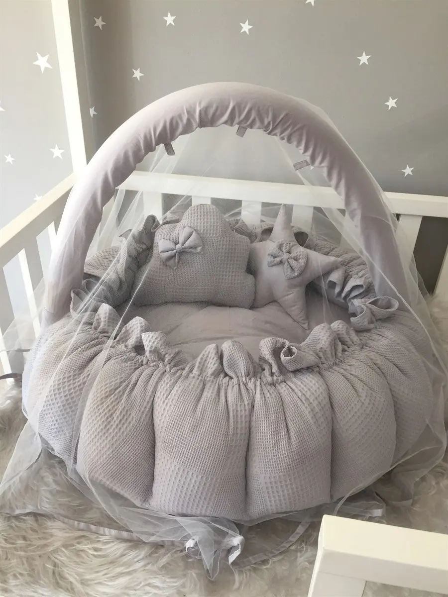 

Handmade Gray Pique Fabric Combination Design Openable - Closeable Play Mat Babynest with Mosquito Net Apparatus