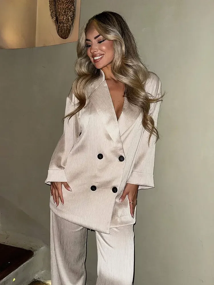 2024 Herfst Vrouwen Casual Blazer Jas Broek Set Lange Mouw Double Breasted Blazer + Wijde Pijpen Broek Lady Office Outfit - afbeelding 2