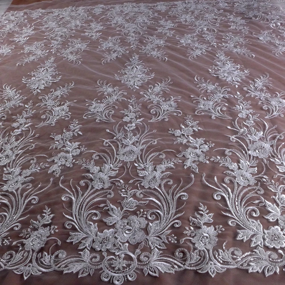

HelluyerDC Off-White,Pure-white beading lace fabric,two sides patterns lace for fashion,wedding,evening,dance gown 2 sides same
