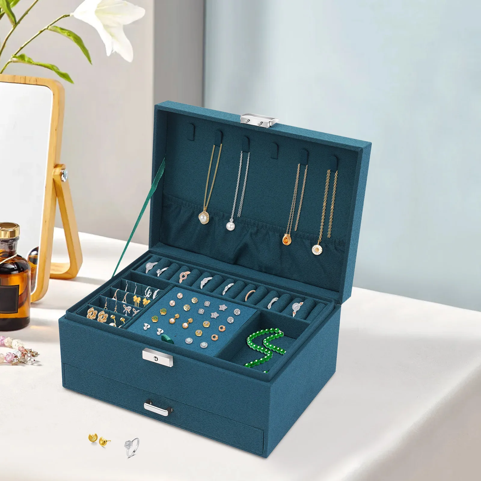 

Jewelry Box, 3 Drawer Velvet Jewelry Organizer with 6 Hooks, Green Jewelry Storage Box 241711cm for Earrings Necklaces Rings