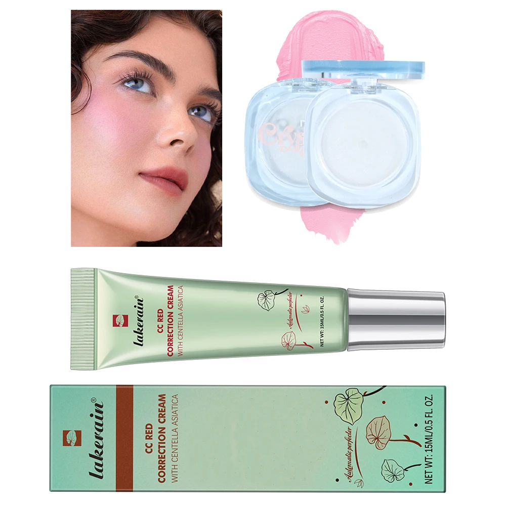 2Pcs Lakerain Centella CC Color Correction Cream Maffick Crystal Blush Cream Face Makeup Base Brighten Concealer Foundation