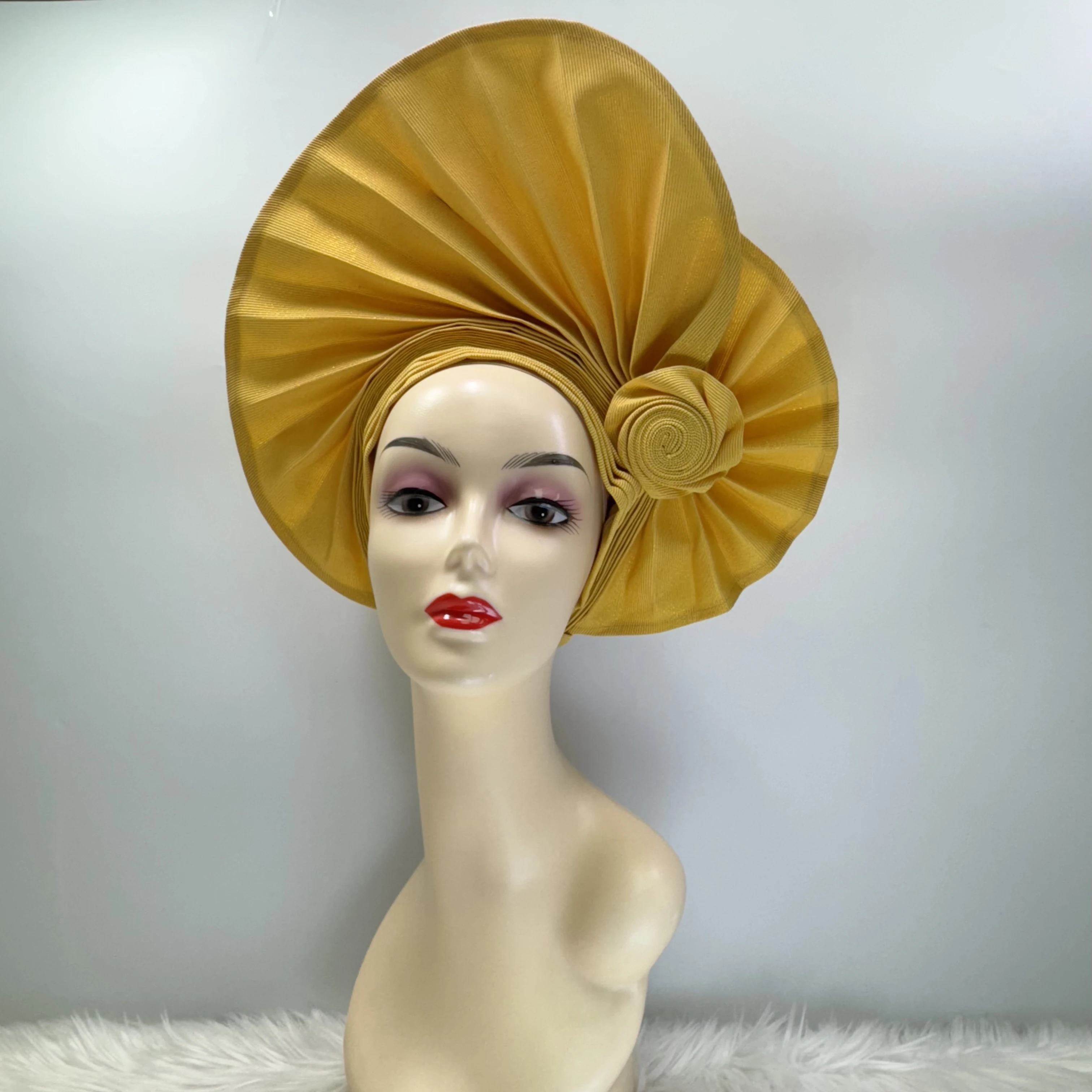 Already Made Cotton Auto Gele Women African Gele Headtie Aso Oke 2024 High Quality Plain Color Head Tie Latest Women Headwrap