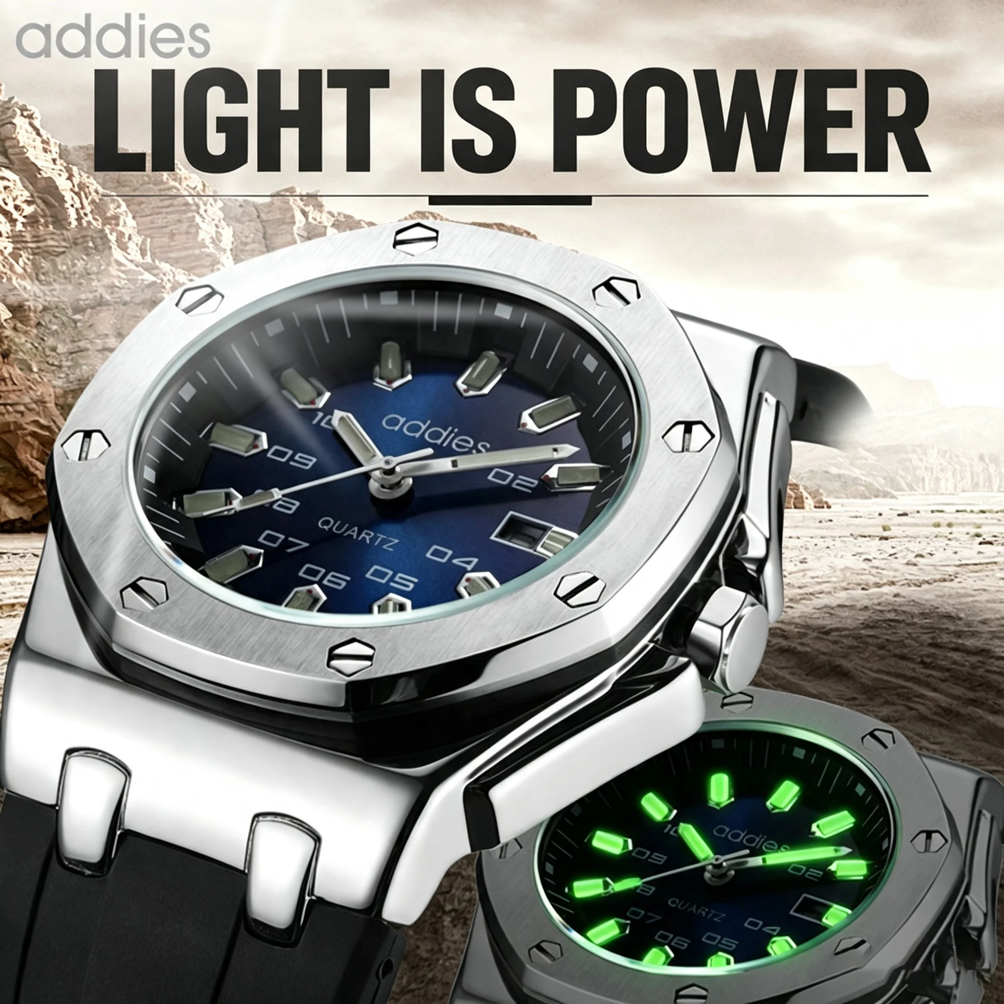 Men Octagon Quartz Watch 30M Waterproof Luminous Dial Silicone Strap Sports Wristwatch Male Calendar Business Watch