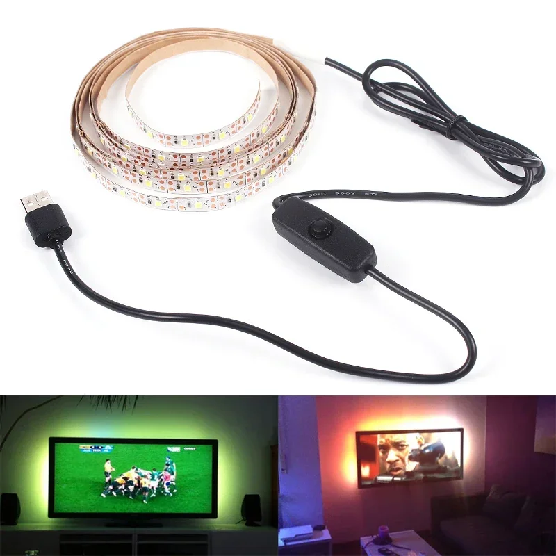 Bande lumineuse LED USB 2835 DC5V avec interrupteur, ruban de lampe Flexible, TV, ordinateur de bureau, écran, éclairage de fond, décoration de maison