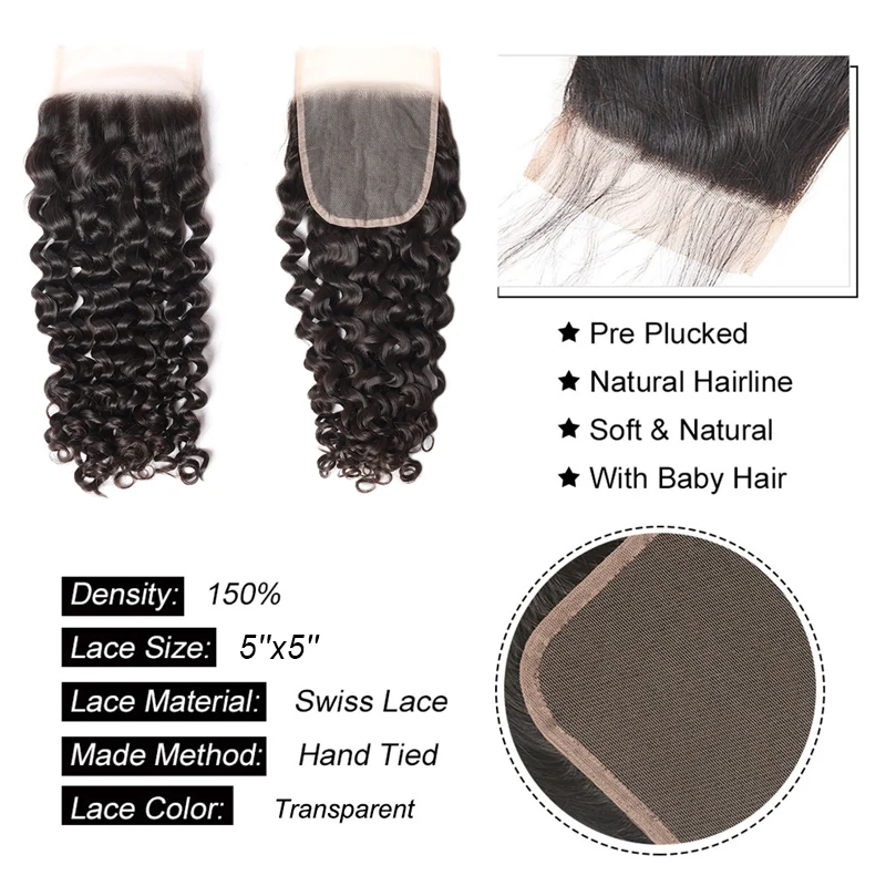 Transparent Lace Closure 5x5 Swiss Lace Water Wave Closure Human Hair Italian Curly Lace Closures With Pre-Plucked Hairline