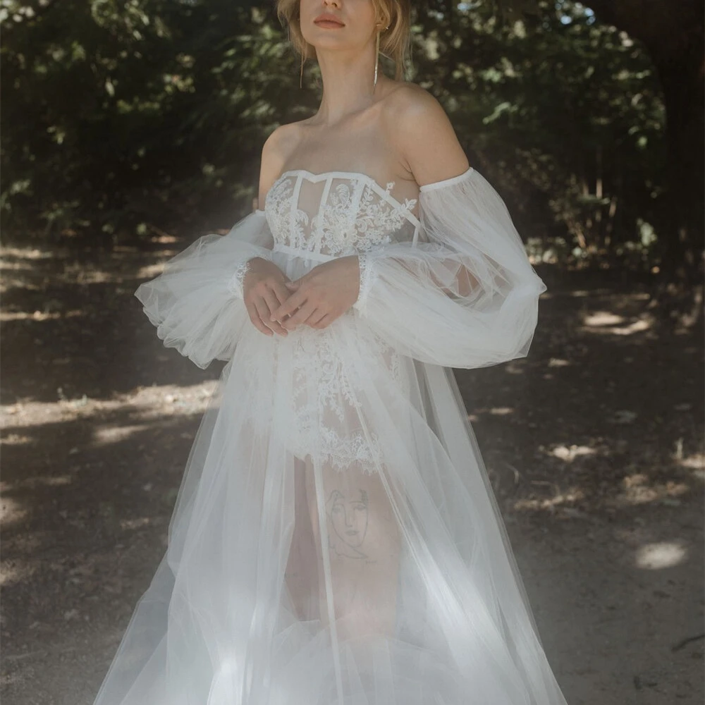 Abito da sposa personalizzato con maniche lunghe in tulle con applicazioni per matrimonio Abito da sposa sexy in pizzo da donna Night Gwons 2024