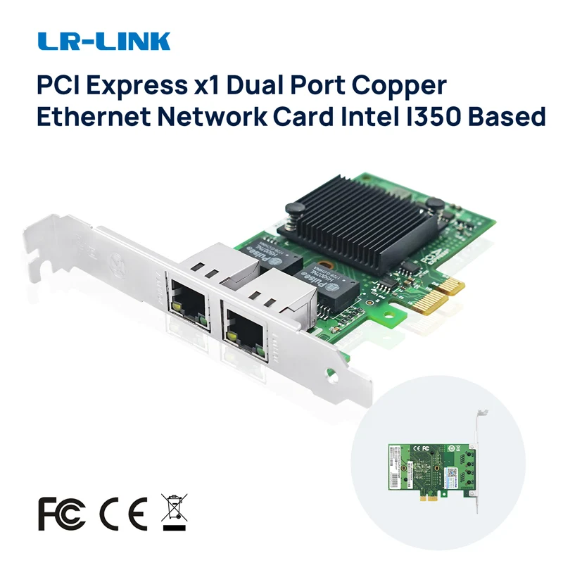 

LR-LINK 9222PT 10/100/1000 Mbps Network Card PCI Express x1 Dual Copper Port Gigabit Server Adapter Intel I350AM2 Based