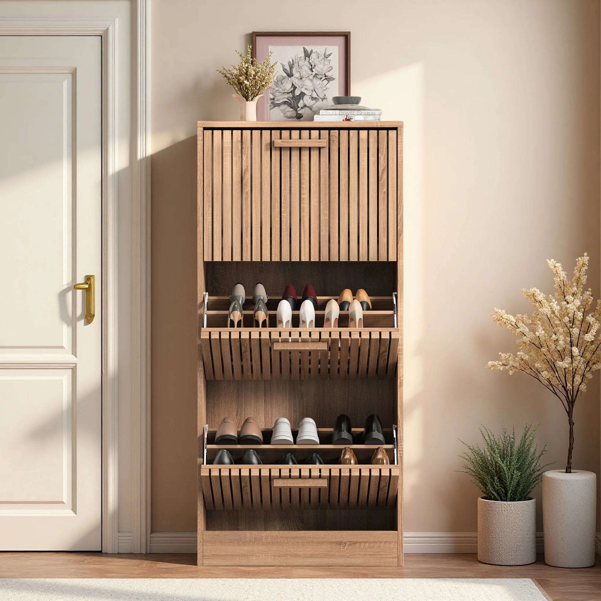 Meuble Chaussures Entree Armoire à Chaussures étroite Moderne avec 3 Portes  Meuble Rangement Chaussures en Bois pour Entrée