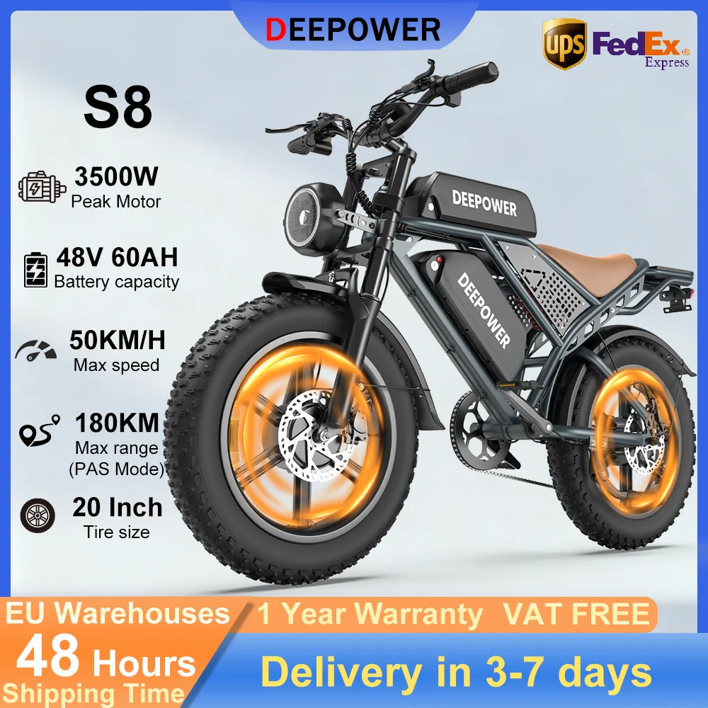Vélo électrique DEEPOWER S8 3500W à double moteur 48V 60Ah avec double batterie, vélo électrique tout-terrain, pneus larges de 20 pouces, vélo électrique tout-terrain