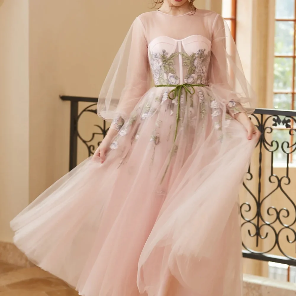 

Classy Long Pink O Neck Tulle Prom Dresses Full Sleeves with Appliques A Line Ankle Length فساتين حفلة موسيقية