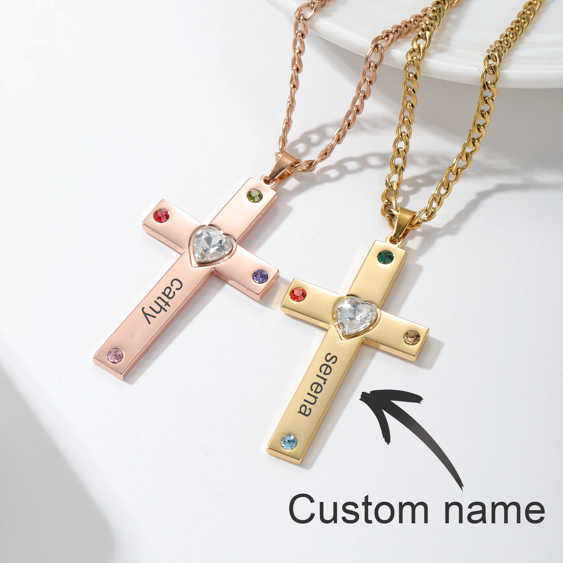 

Cross Birthstone Custom Name Necklace Personalized Cuban Chain Stainless Steel Ladies Pendant Best Holiday Gift For Women