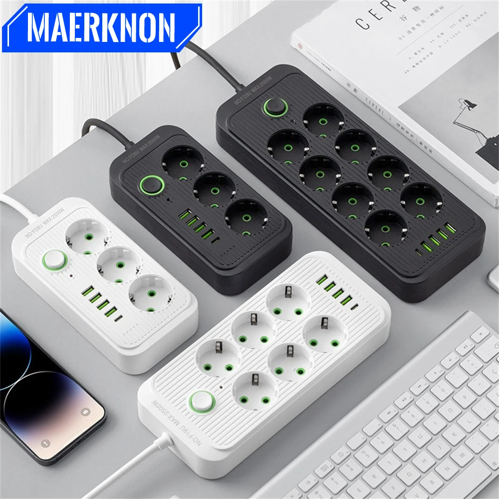 Tomada de tomada ue com 4 usb 1 tipo c 2m cabo de extensão elétrica ac tomadas escritório em casa protetor contra surtos filtro de rede
