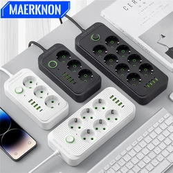 EU Plug Power Strip Socket With 4 USB 1 Type C 2M Extension Cable Electric AC Outlets Home Office Surge Protector Network Filter