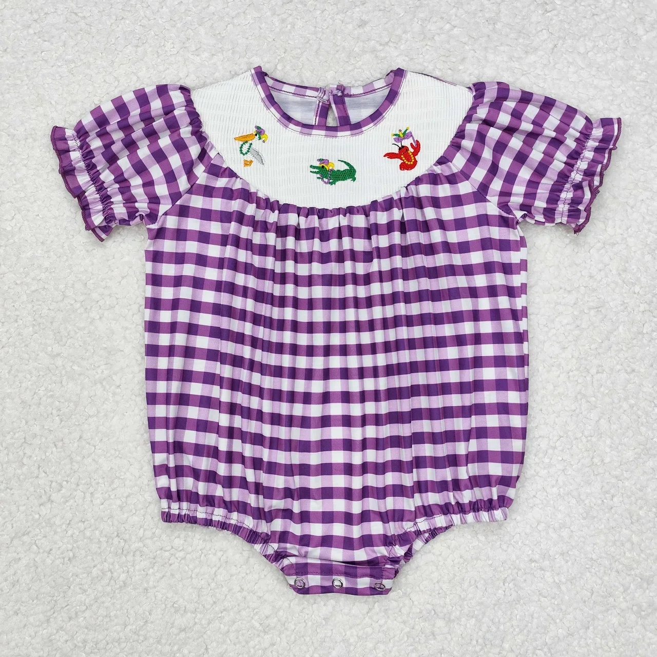 Wholesale Baby Girl Kid Toddler Newborn Bodysuit Clothes Children Short Sleeves Mardi Gras Embroidery Bubble Purple Plaid Romper