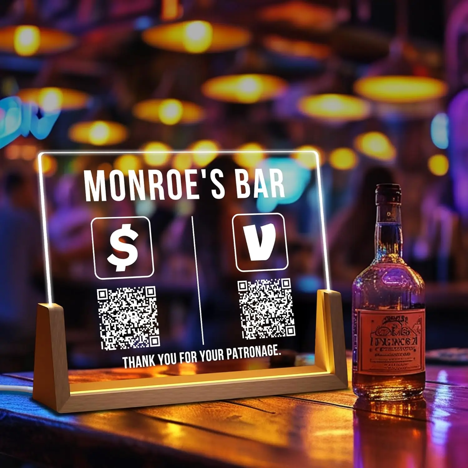 علامة رمز QR من الأكريليك مقاس 8 بوصة مخصصة للأعمال للمسح الضوئي للدفع، والوسائط الاجتماعية، وواي فاي، وعرض الباركود مع حامل أو قاعدة خشبية