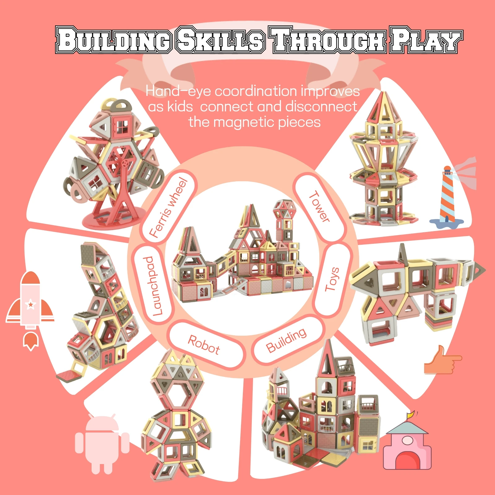 Set di blocchi magnetici da 155 pezzi, giocattolo educativo per bambini, kit di costruzione creativo e creativo unisex