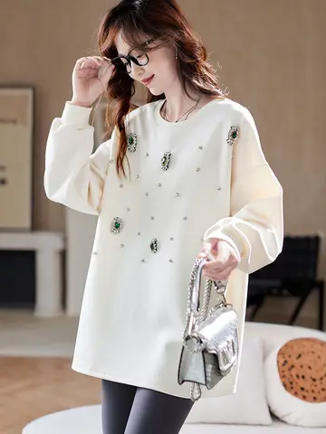 Women Oversized Sweatshirt Rhinestone Decor Loose Fit Pullover Top Casual Long Sleeve Crew Neck Sweatshirt Fashion Streetwear