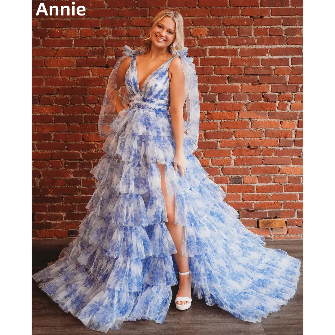 Annie-vestidos De graduación con estampado Floral y cuello en V, vestidos De noche De tul multicapa, batas De princesa con forma De corazón personalizadas