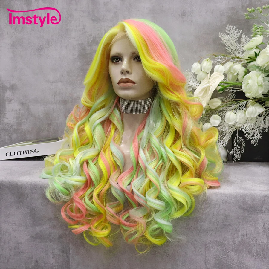 Imstyle Colorful Wig Long Rainbow Synthetic Lace Front Wig Heat Resistant Fiber Natural Wavy Wigs For Women Party Pink Yellow