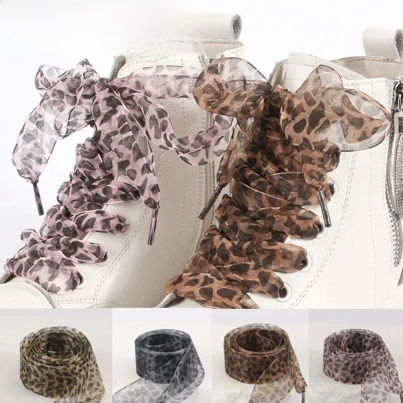 Lacets Lumineux en Mousseline de Soie Organza et Imprimé Léopard, Largeur 4cm, Longueur 100/120/140/160cm, Nministériels d Papillon pour Baskets en Toile, Chaussures Blanches, Cordes