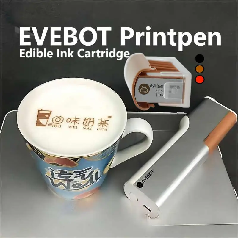 Картриджи для струйной печати EVEBOT с рисунком съедобного кофе, картриджи с металлическим корпусом для легкого удаления, диапазон печати 26*100 мм, портативная ручка для домашней печати