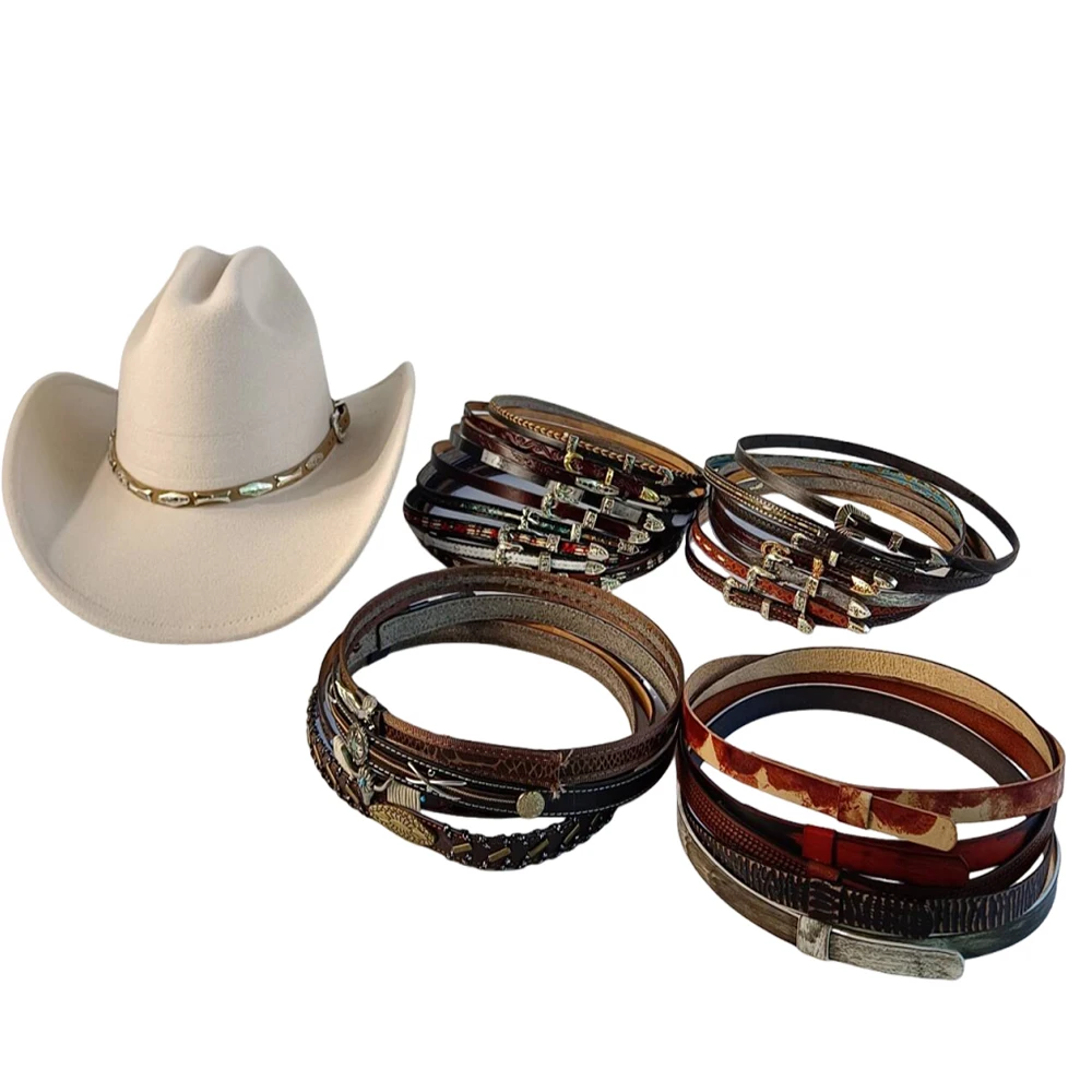 

New men's and women's hats, belt buckles, fashionable leather belts, straw felt hats, decorative outdoor items.