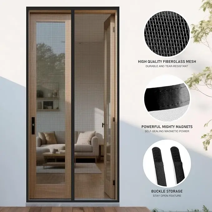 Hands-Free Magnetic Screen Door, Heavy Duty, Self Sealing Screen Door Mesh Protector, Pet and Kid-Friendly, Stay-Open Buckle, Keeps Bugs Out While Letting Nature in,Fit Door Size(90