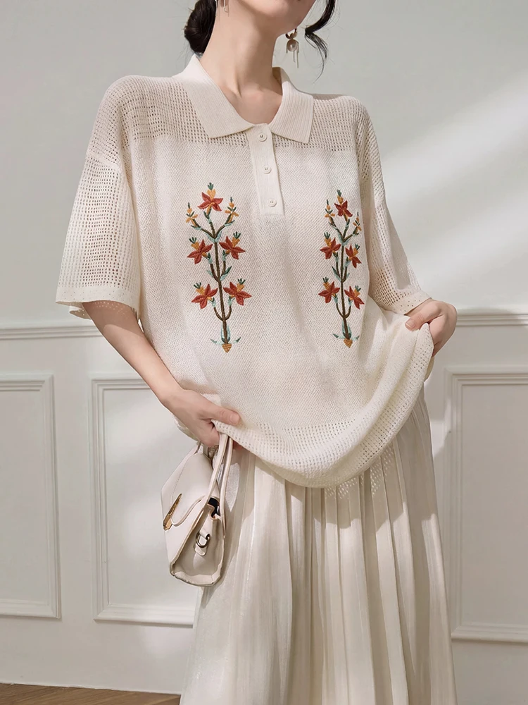 Women Floral Embroidered Polo Knit Top Short Sleeve Open Knit Sweater Loose Fit Vintage Casual  Blouse Lightweight Vacation