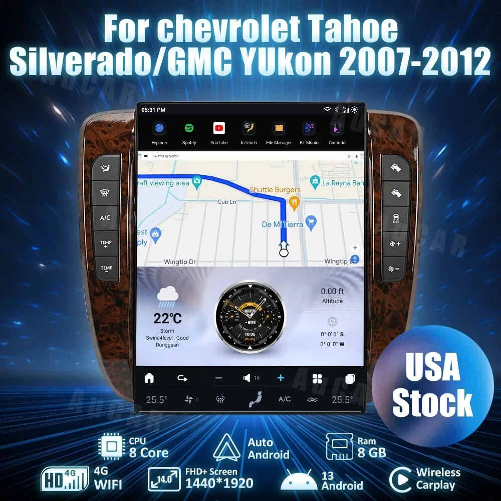 

Автомагнитола Aucar 14'' на Android 13 для Chevrolet Tahoe, Silverado, GMC Yukon, Suburban 2007-2012 с GPS-навигацией и стереосистемой