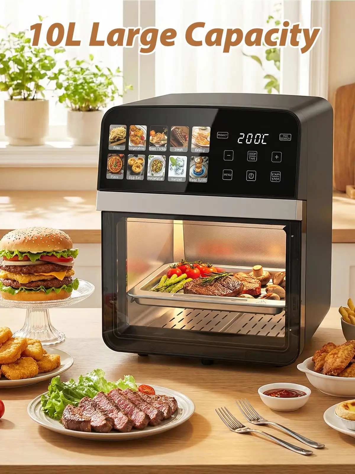 10L Heißluftfritteuse 1800W, Ölfrei 360 °   Heißluftfritteuse, Touchscreen, 11 Programme, 80-200 ° C, Gesundes Multifunktionskochen für Pizza, Hähnchen, Pommes Frites