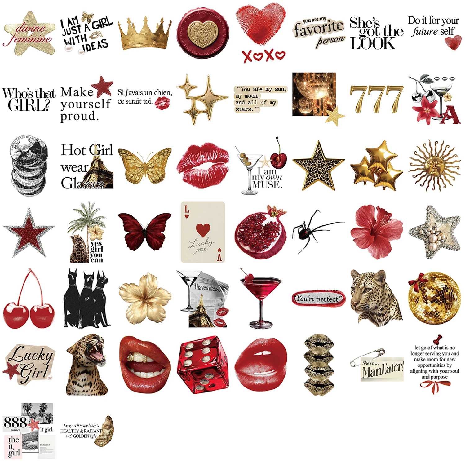 50/100 SZTUK Złoto-Czerwone Naklejki Y2k Szczęśliwe Dziewczyny Naklejki DIY Scrapbooking Telefon Bagaż Deskorolka Wodoodporne Naklejki PVC Coquette