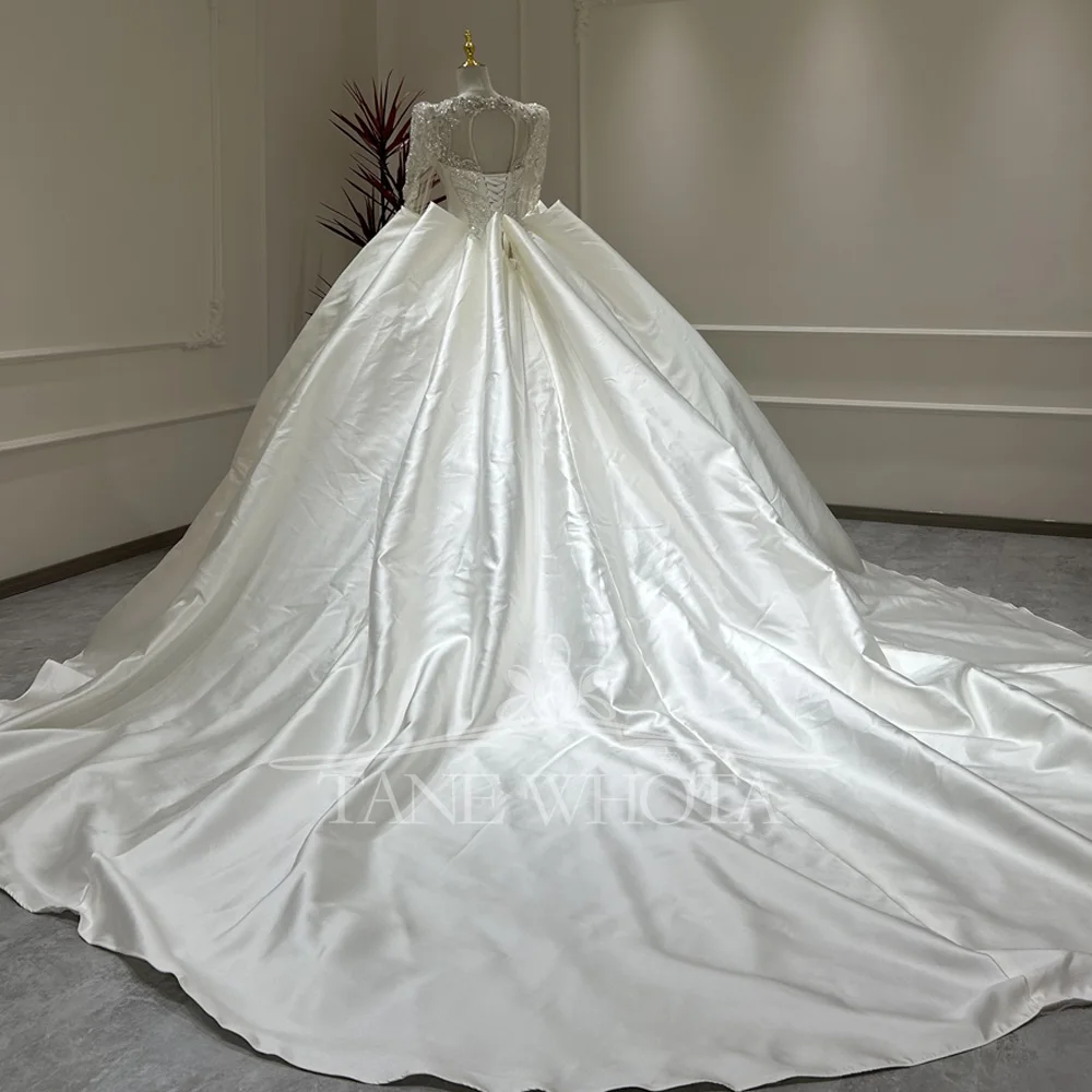 Abito da sposa Scollo alto staccabile Manica lunga Con lacci Buco della serratura sul retro Perline con paillettes Abito da sposa con perle di raso