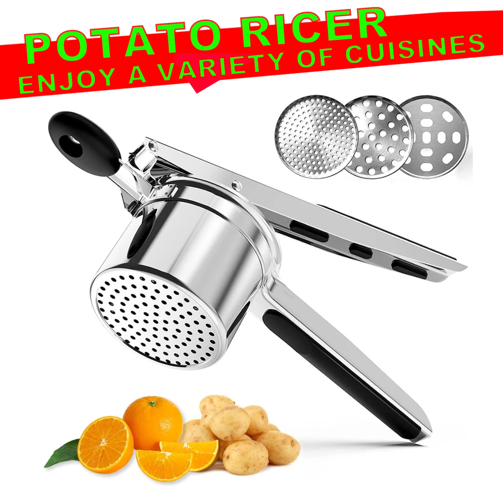 Prensa para patatas de acero inoxidable con 3 discos intercambiables, mango de silicona antideslizante, machacador manual para frutas y verduras, idea