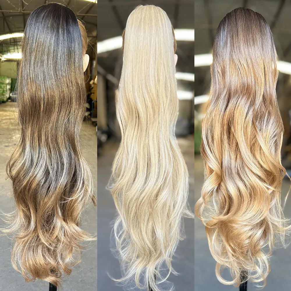 Gladys 28 بوصة طويلة متموجة ذيل حصان ملحقات 180 جرام الحيوي الاصطناعية ذيل حصان الشعر T2-30 أومبير 613 شقراء نسج ذيل حصان كليب في الشعر