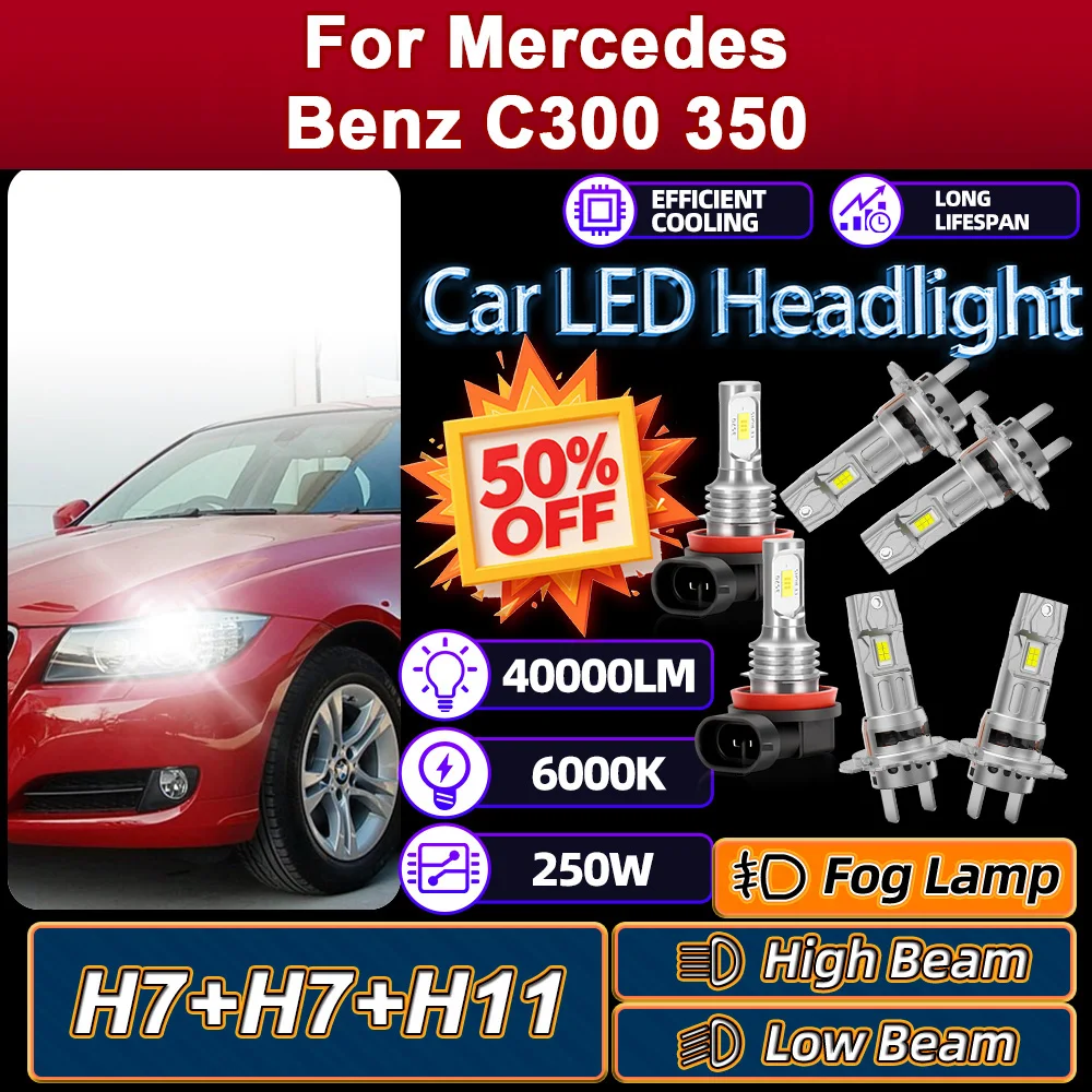 

H7 250W Headlight Bulb H11 Fog Lamp 6000K Canbus No Error 40000LM For Mercedes Benz C300 350 2008 2009 2010