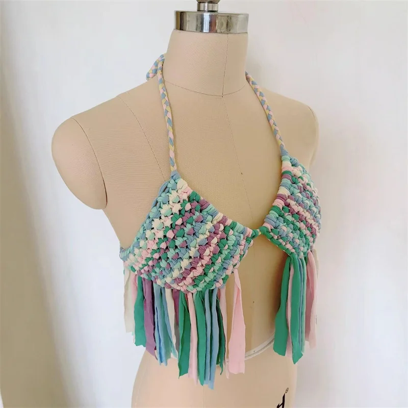 手作りのクロシェビキニトップブラカバーアップセクシーホルターレースアップタッセルニット水着ベスト女性用水着