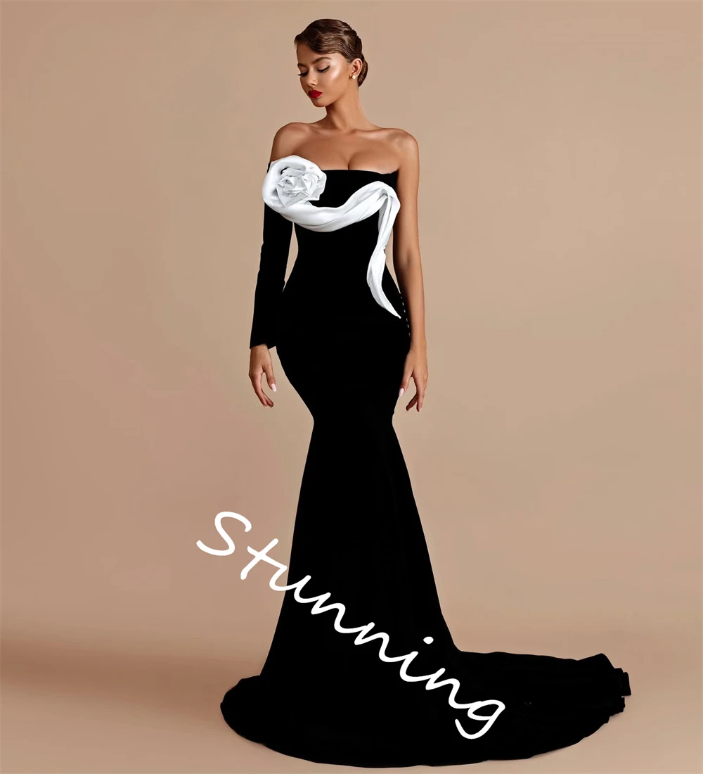 Abito da sera in jersey nero squisito personalizzato senza spalline sirena maniche lunghe abiti celebrità Vestido De alta qualità