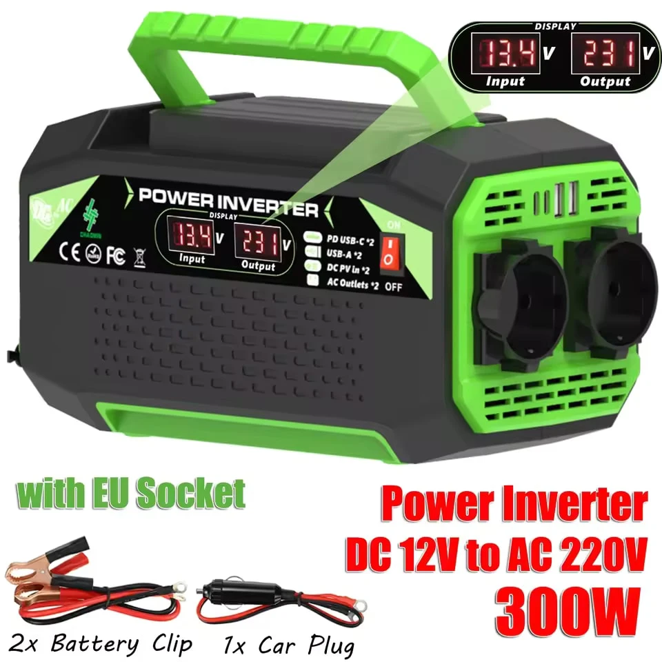 300W/500W Stromwechselrichter DC 12V zu AC 220V Spannungswandler mit USB- und Typ-C-Anschlüssen, geeignet für Laptops und den Einsatz im Freien.