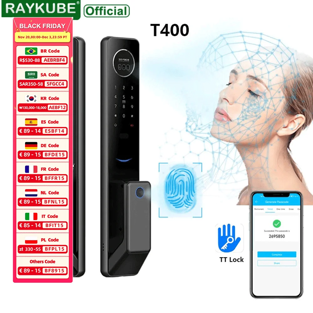 

NEW RAYKUBE T400 Full-auto Advanced TT Lock 3D Face Recognition Smart Door Lock Digital Fingerprint Electronic Door Lock