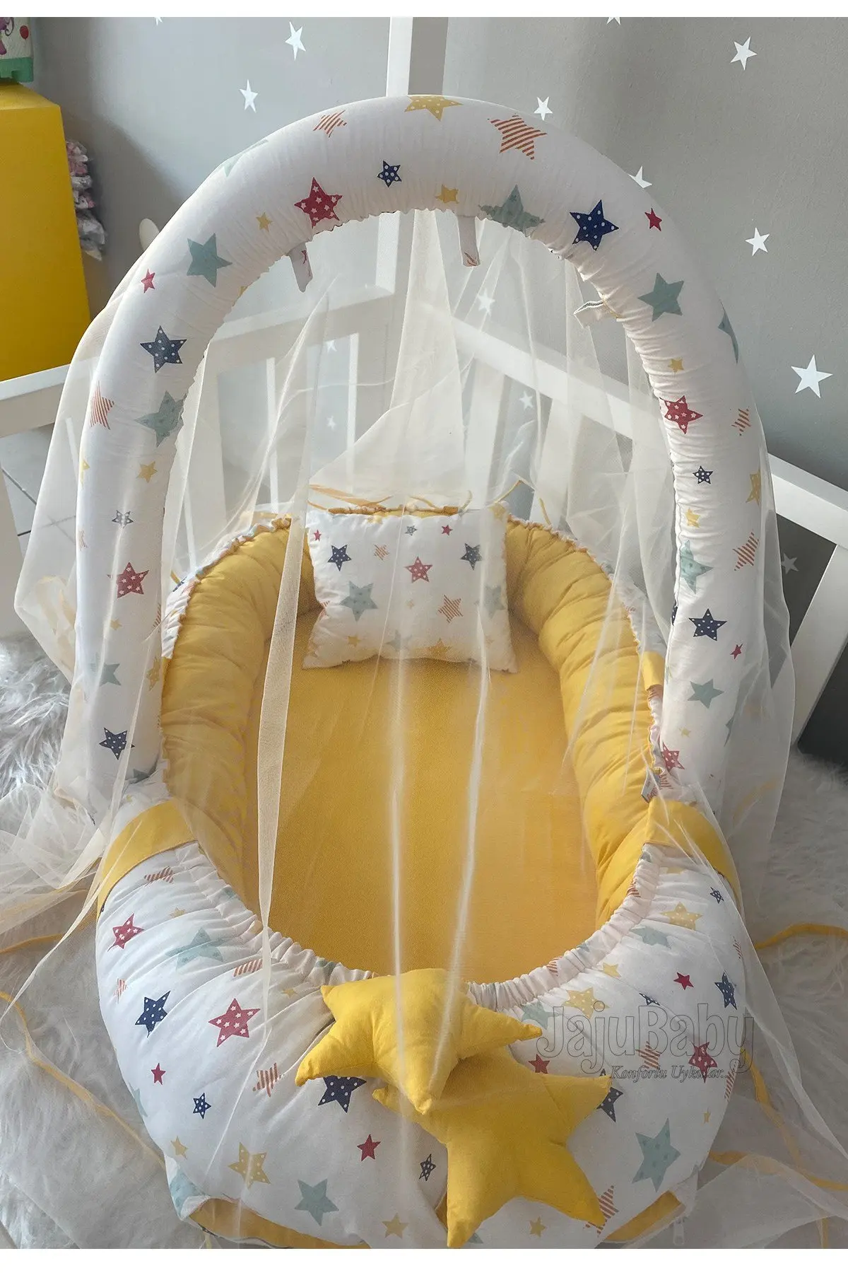 Handmade Yellow Mosquito Net with Mixed Stars and Toy Hanger Luxury Design Babynest