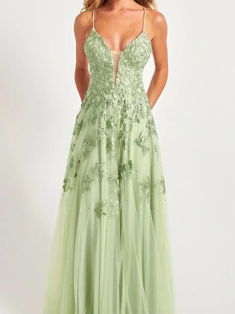 Sage Green V Neck Prom Dresses, Apliques de renda de tule, Vestido de baile longo, Correias de espaguete sem costas, Vestidos de baile para festa noturna